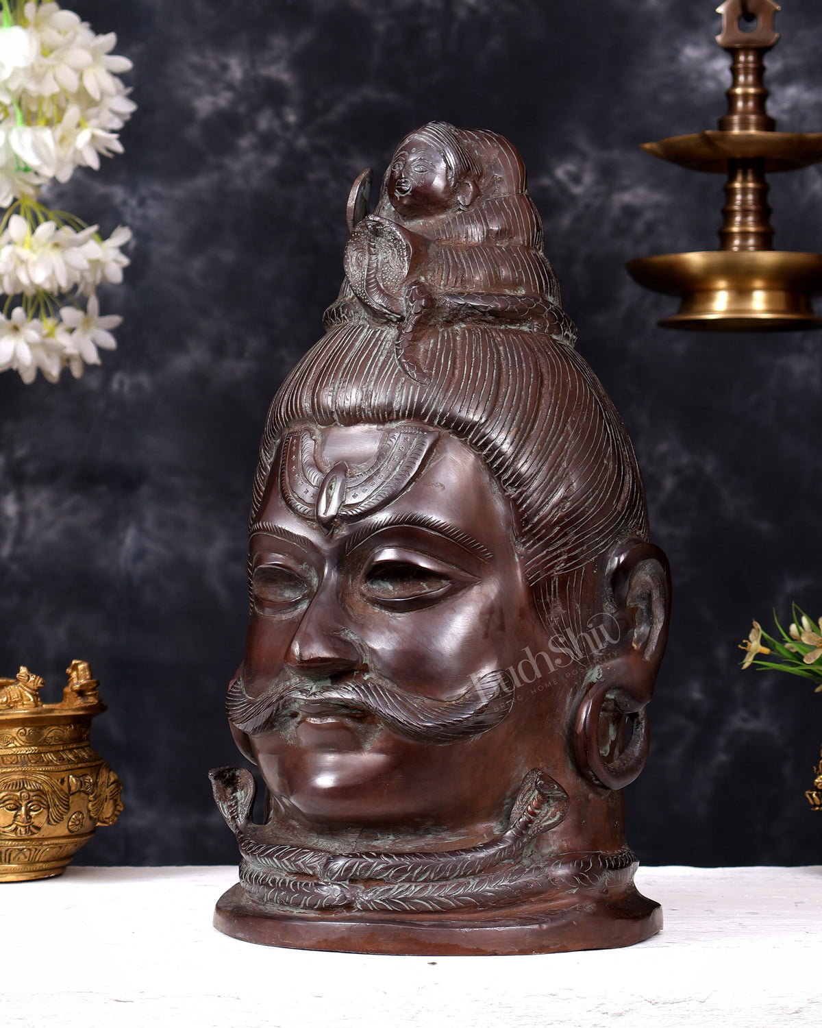 Brass Large Mahakaal Shiva Face Mukhalingam — Vintage Copper Patina 14.5 inch