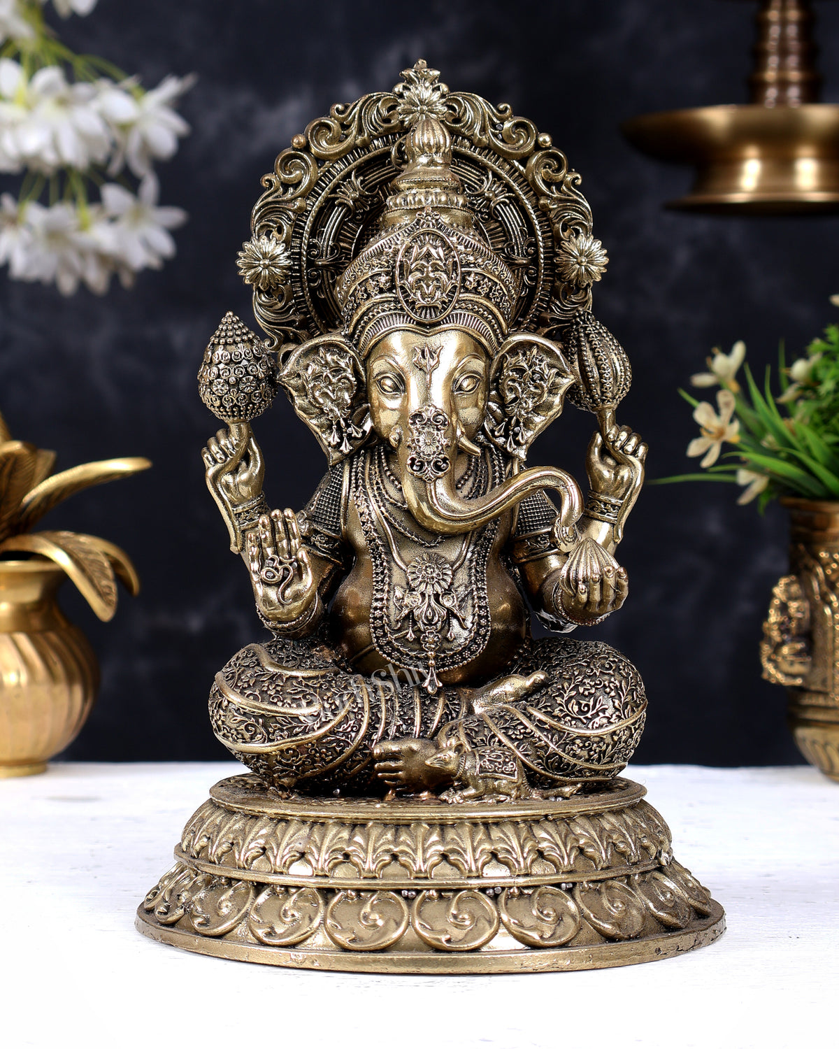 Brass Superfine Cross-Legged Ganesha Statue with Aureole 8 inch