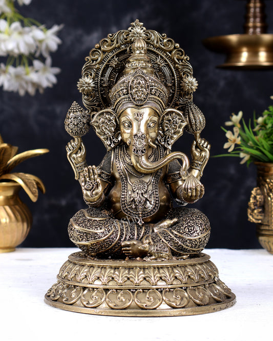 Brass Superfine Cross-Legged Ganesha Statue with Aureole 8 inch