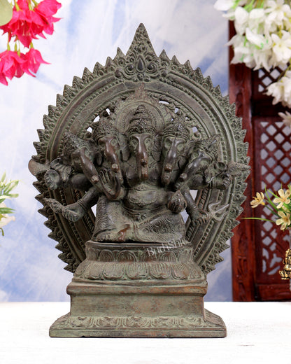Bronze Panchmukhi Ganesha with Prabhavali | Antique Patina | 12.2 inch