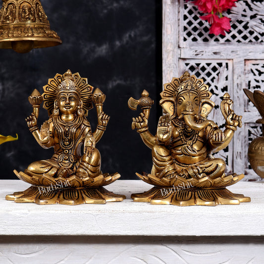 Brass Lord Ganesha and Goddess Lakshmi on Lotus — Pair, Crossed Legs 7 inch