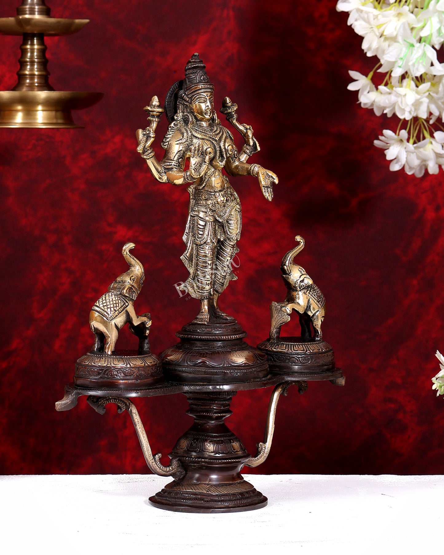 Brass standing Goddess Lakshmi with Two Elephants — Gajalakshmi Masterpiece 14.5 inch dual tone