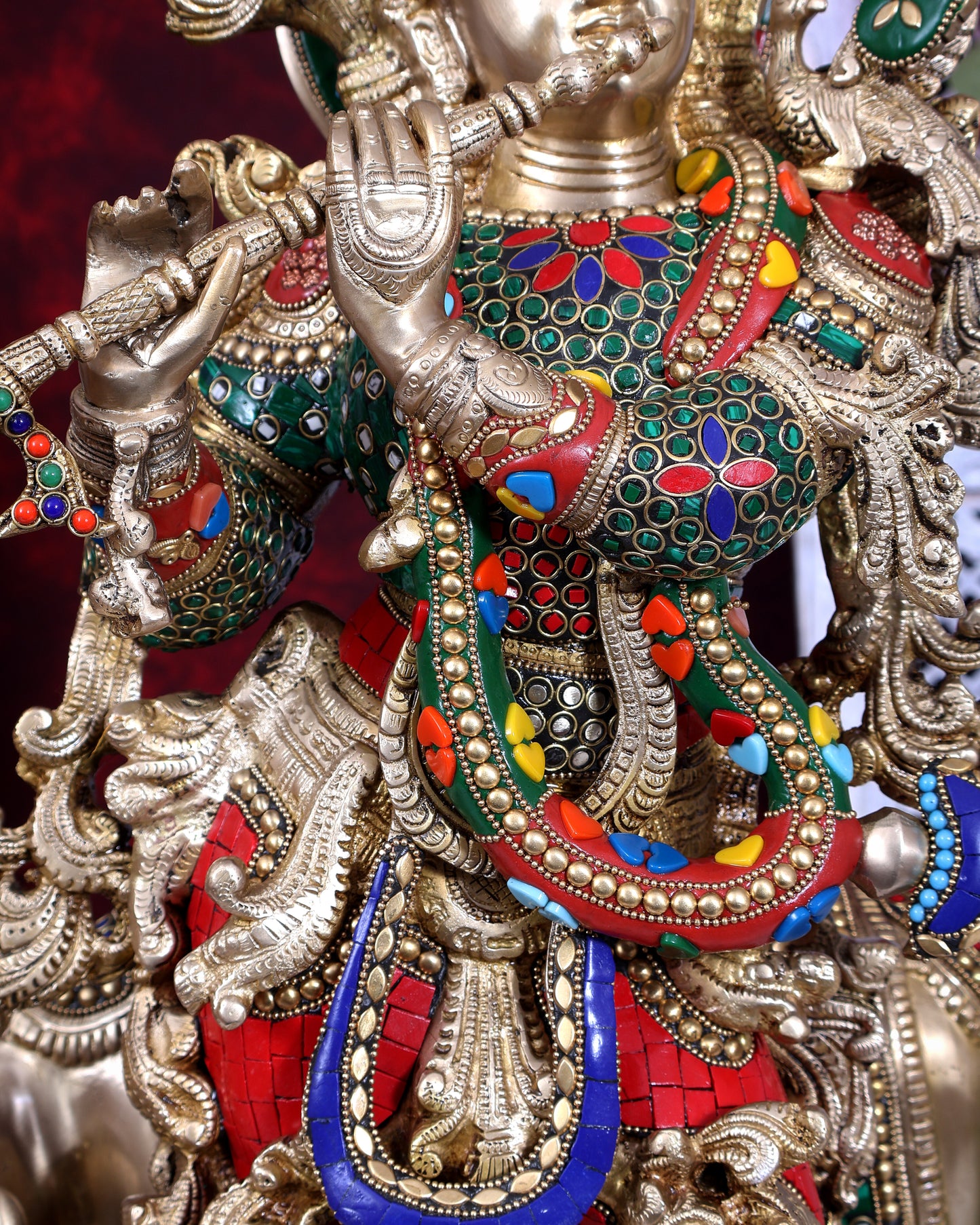 Pure Brass Lord Krishna with Cow with stonework 29 inch