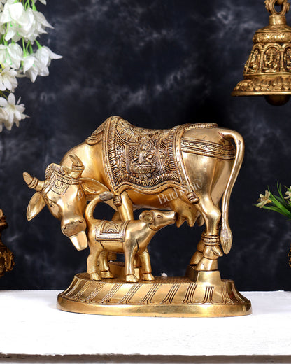 Pure Brass Superfine Kamdhenu Cow with Calf - 10 inch enhanced carvings