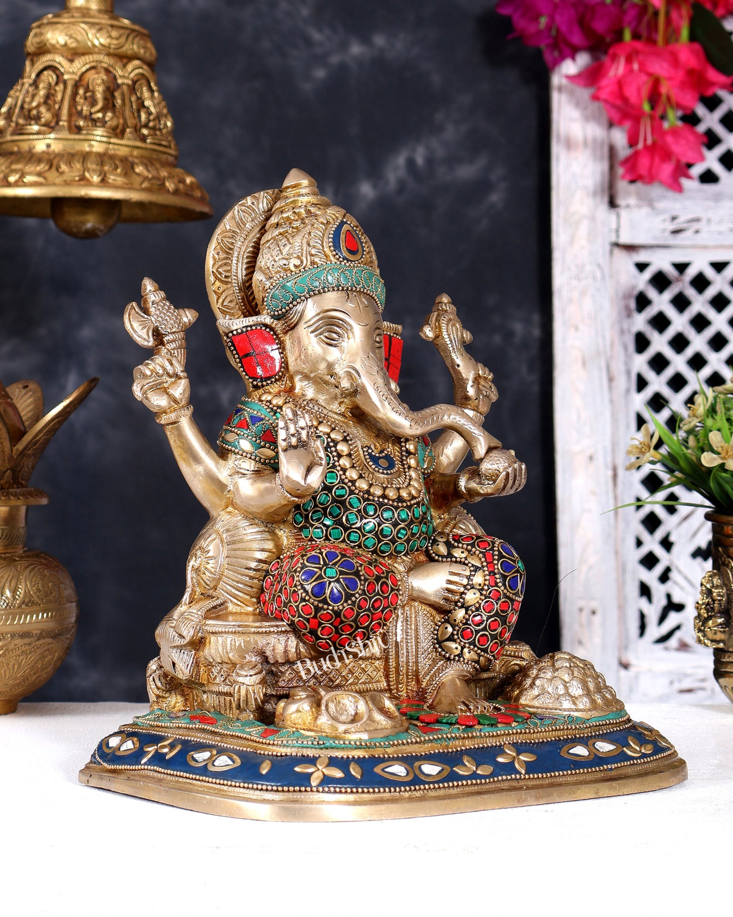 Pure Brass Lord Ganesha Idol - 9 inch with Stonework