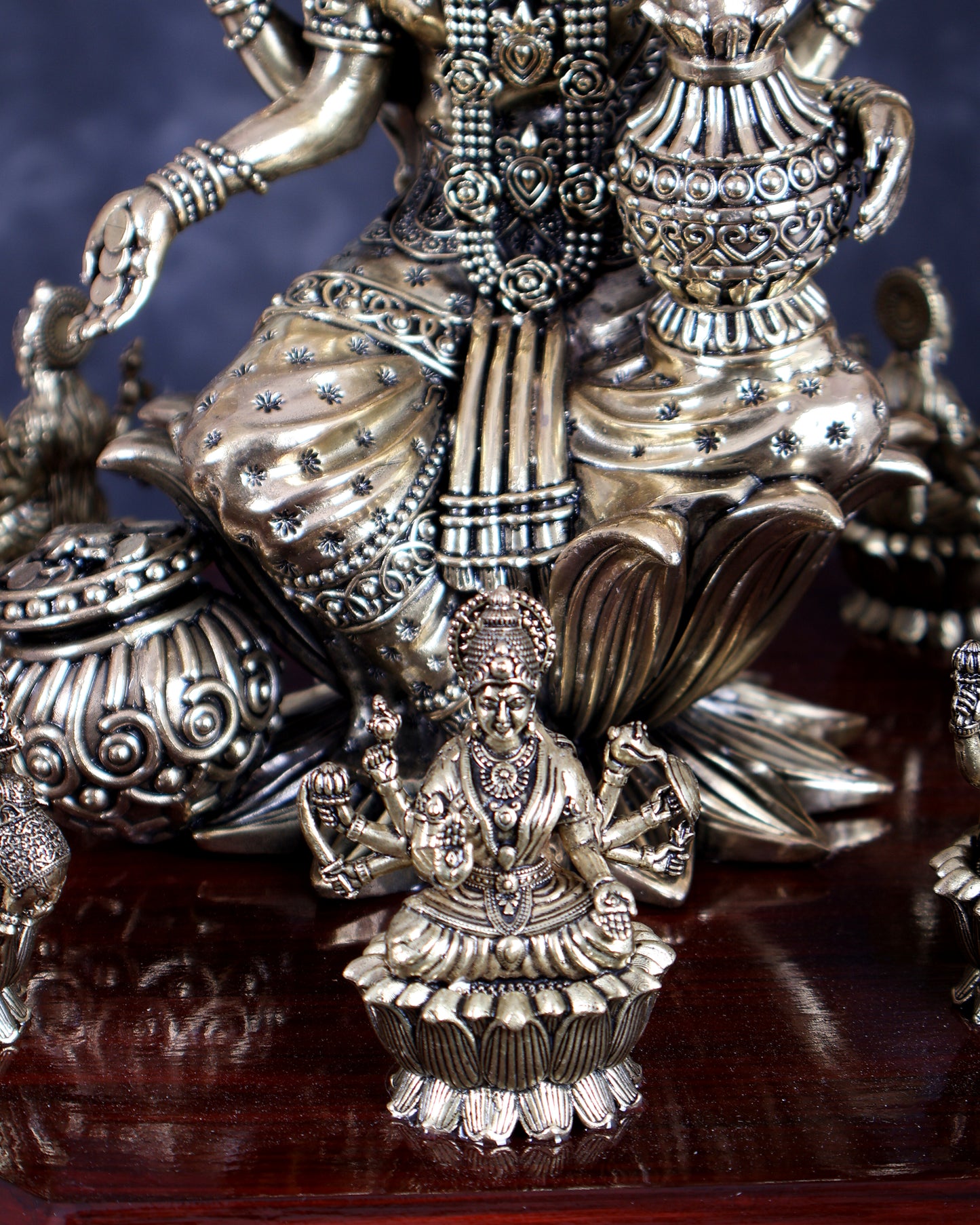 Brass Superfine Mahalakshmi with Ashtalakshmi Idols on Teak Wood Base with Hanging Bells – Divine Prosperity Ensemble (15 Inches)