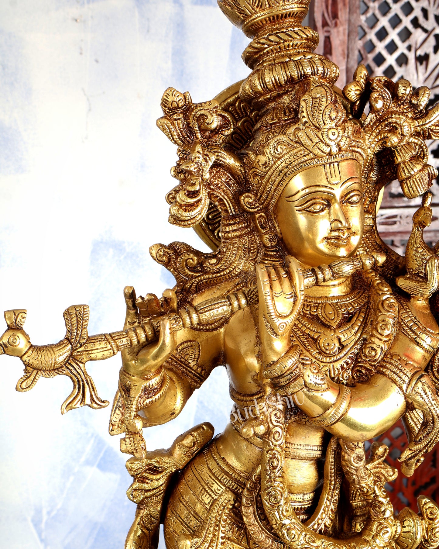 Premium Brass Lord Krishna Statue – Butter Gold Tone Handcrafted Divine Sculpture 30 inch