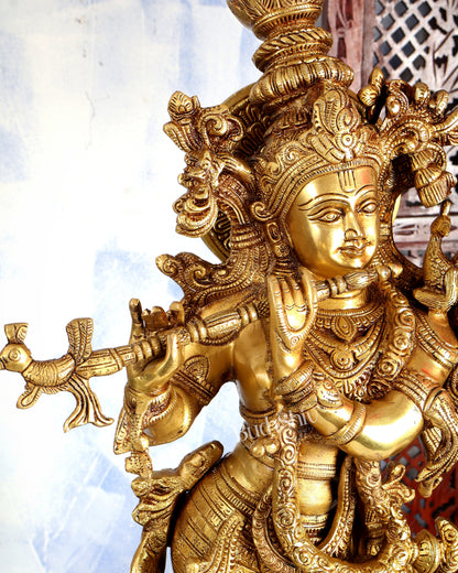 Premium Brass Lord Krishna Statue – Butter Gold Tone Handcrafted Divine Sculpture 30 inch