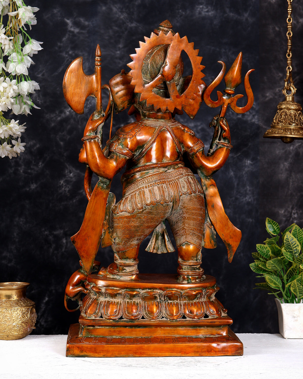 Brass Large Warrior Ganapati Sculpture — Antique Tone 28.5 inch