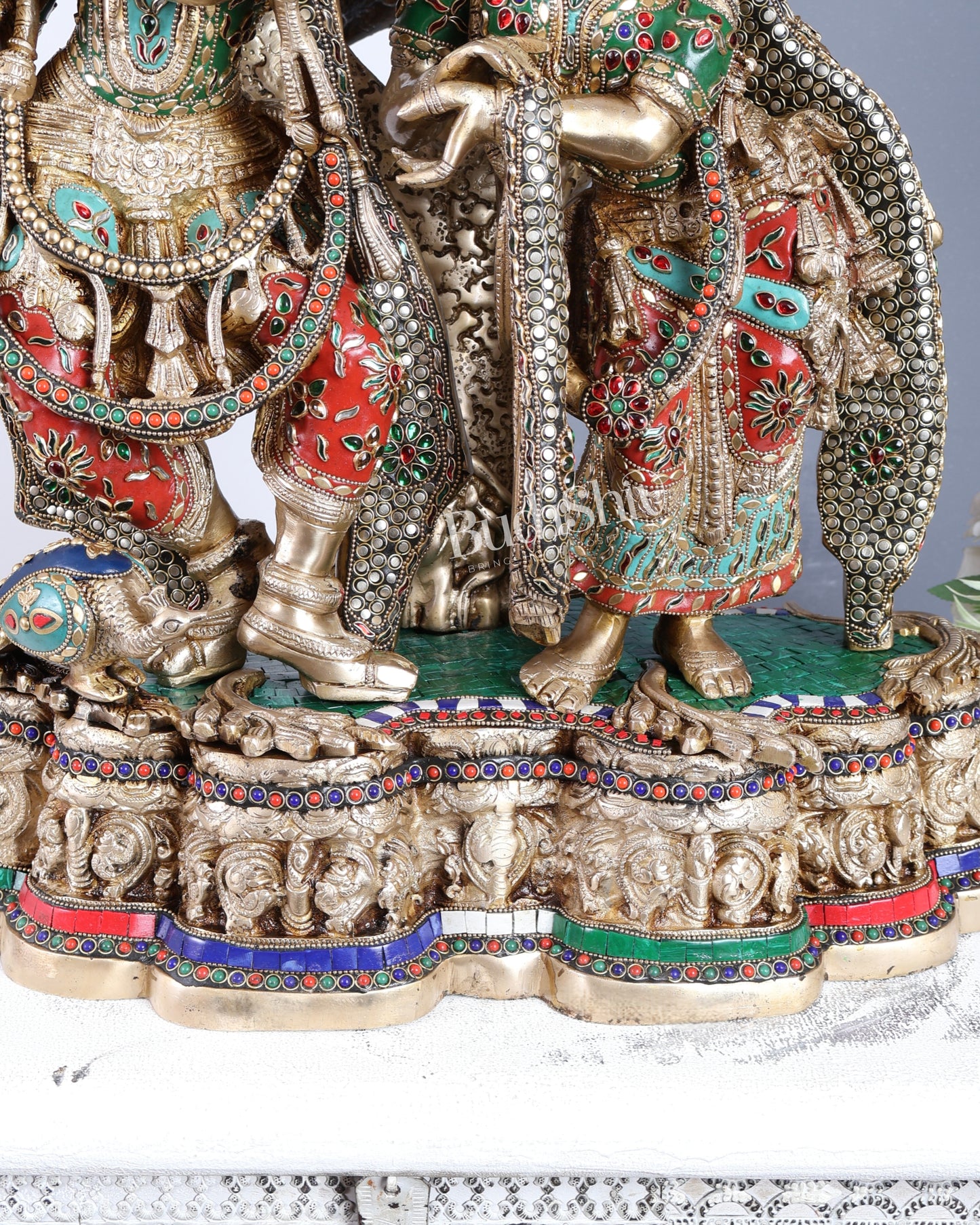Premium Pure Brass Radha Krishna under Vrindavan Tree with Meenakari Stonework – Grand Handcrafted Temple Sculpture 30 inch tall