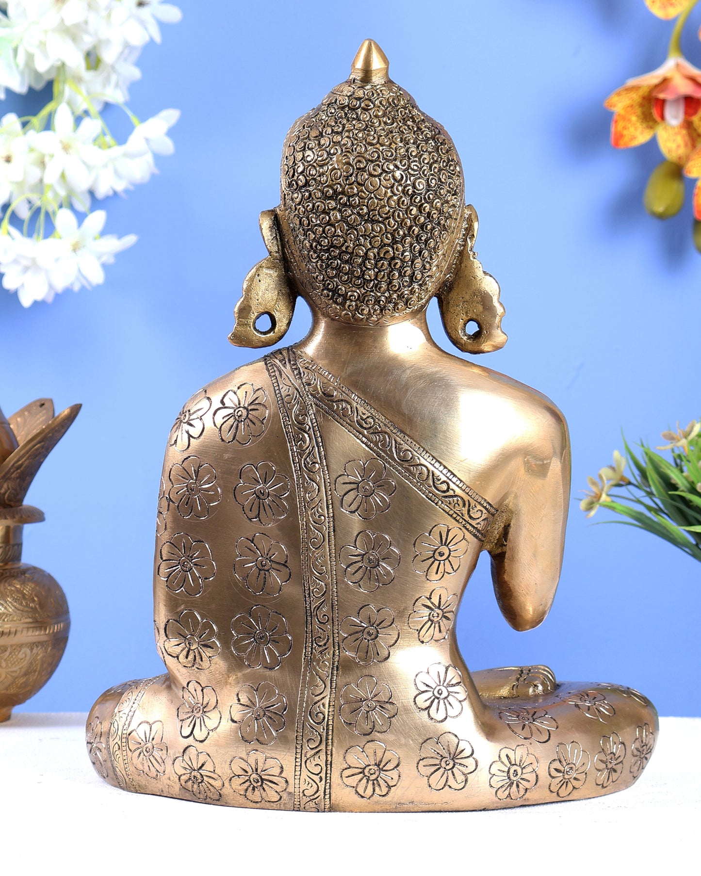 Handmade Brass Buddha Statue with Floral Hand Carvings – Divine Meditation Sculpture (12 Inches)