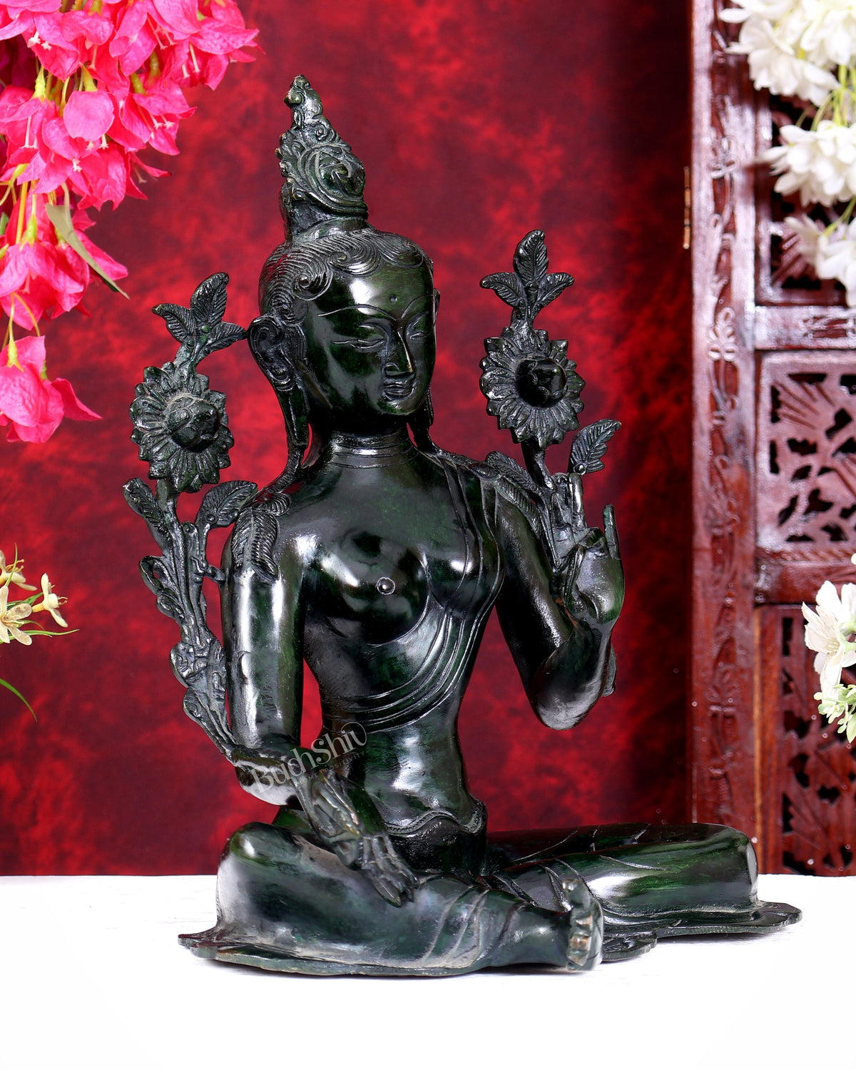 Large Pure Brass Green Tara Idol 13" agate green stone finish