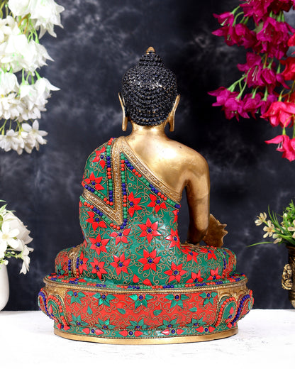 Pure Brass Buddha medicine Floral Stonework Statue - 13.5 inch