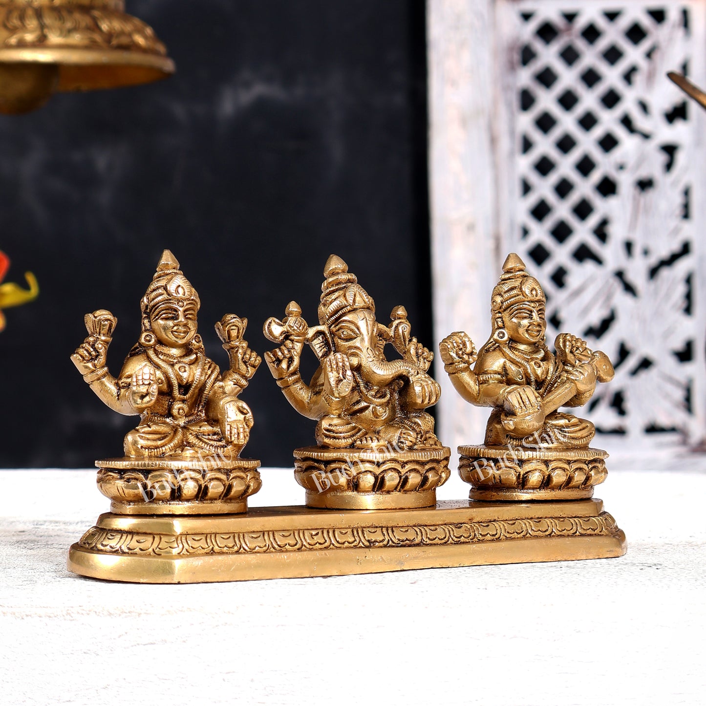 Brass Ganesha Lakshmi Saraswati Idol — Same Base 3.5 inch