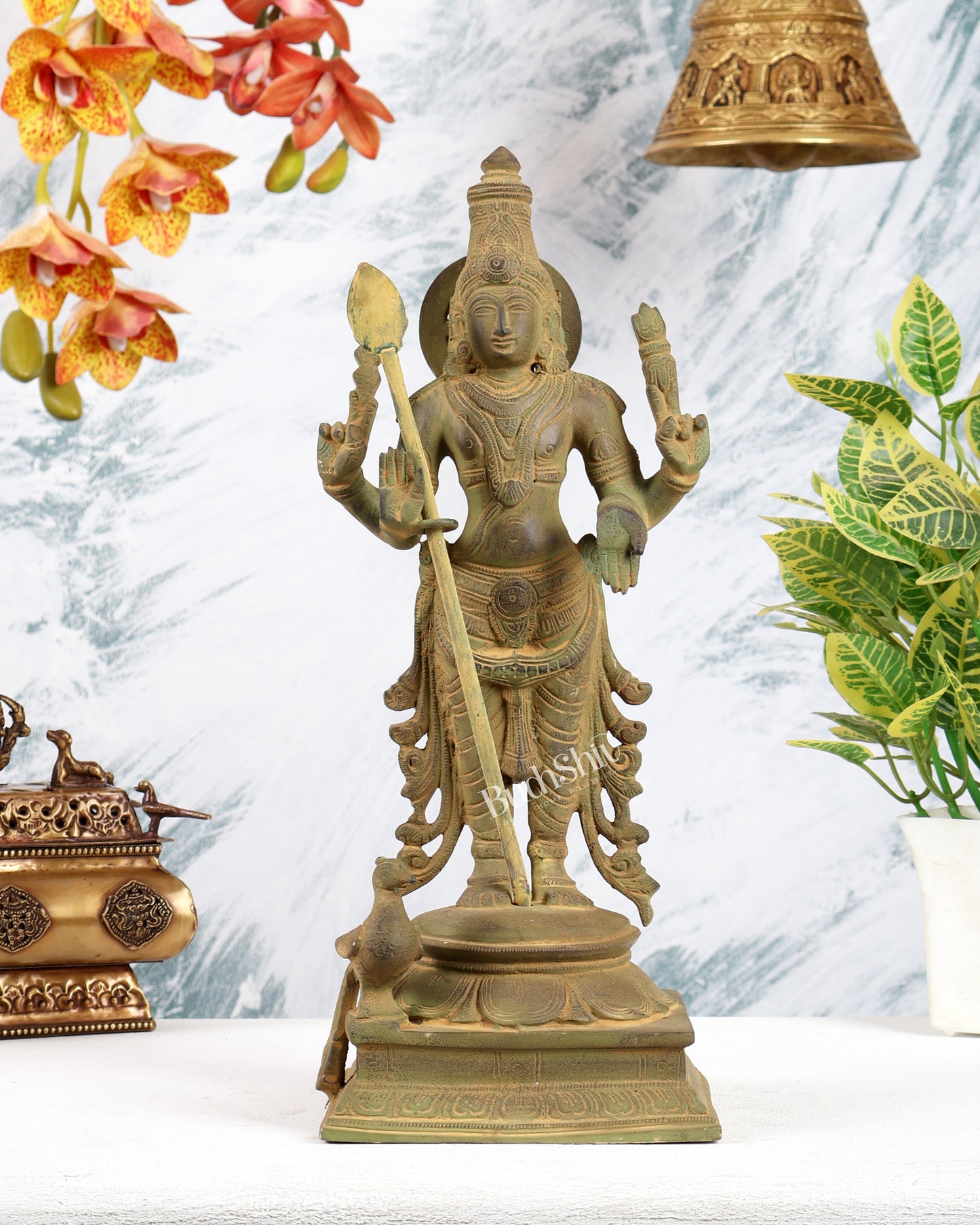 Pure Brass Kartikeya Murugan Swamy Statue – 14” Green patina