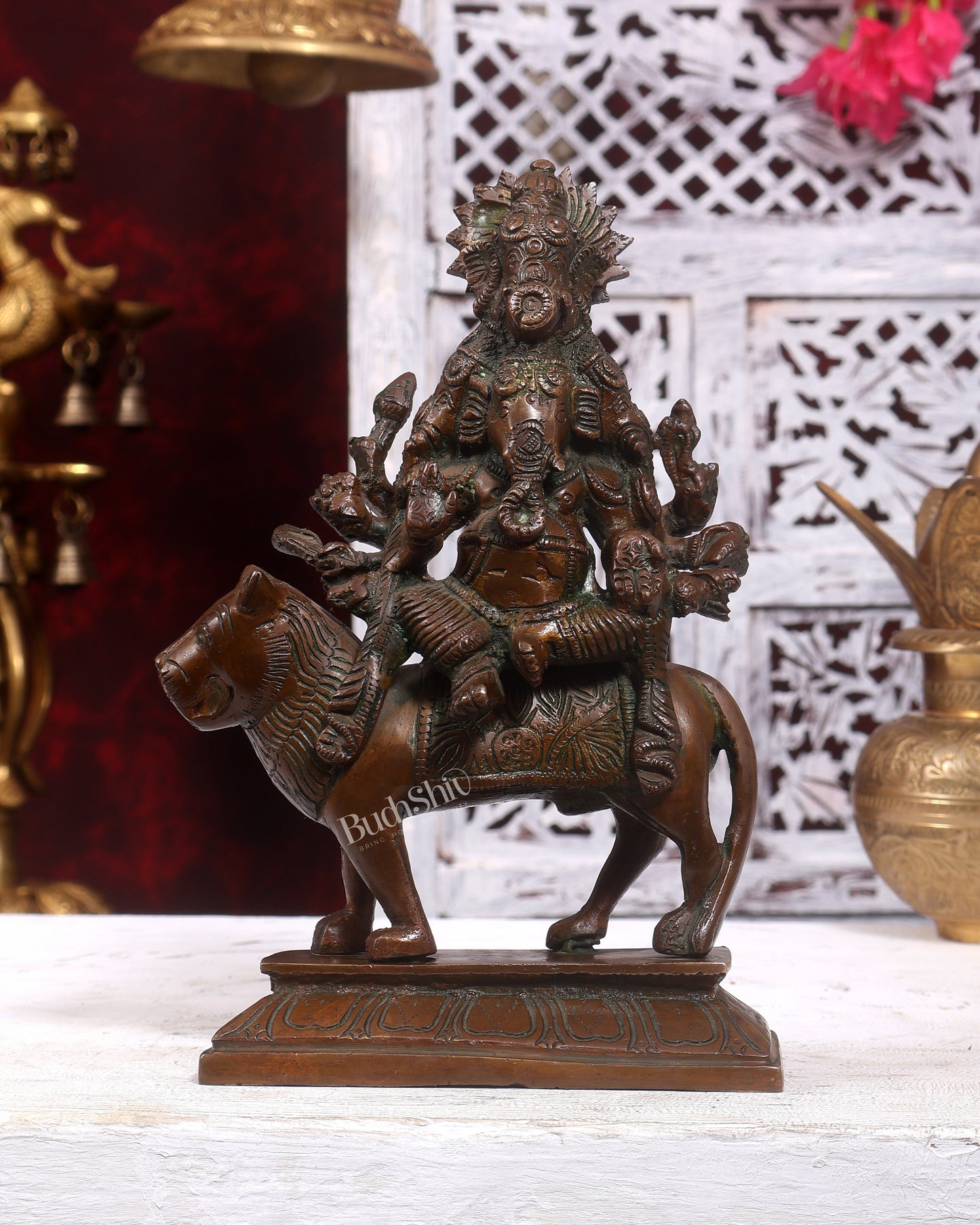 Brass Statue of Panchmukhi Heramba Ganesha - 9" Antique copper tone