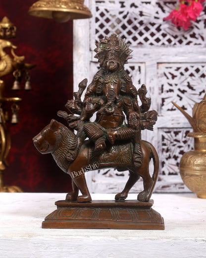 Brass Statue of Panchmukhi Heramba Ganesha - 9" Antique copper tone