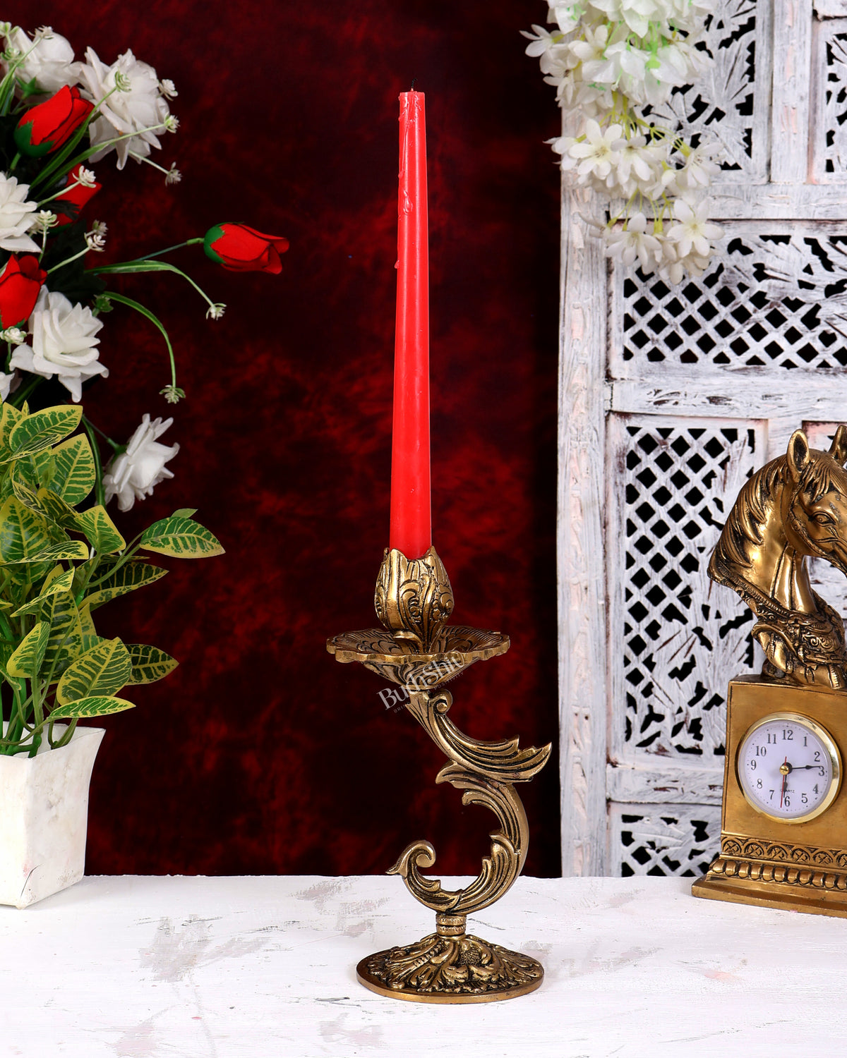 Brass Floral Design Candle Stand — English Style 9 inch