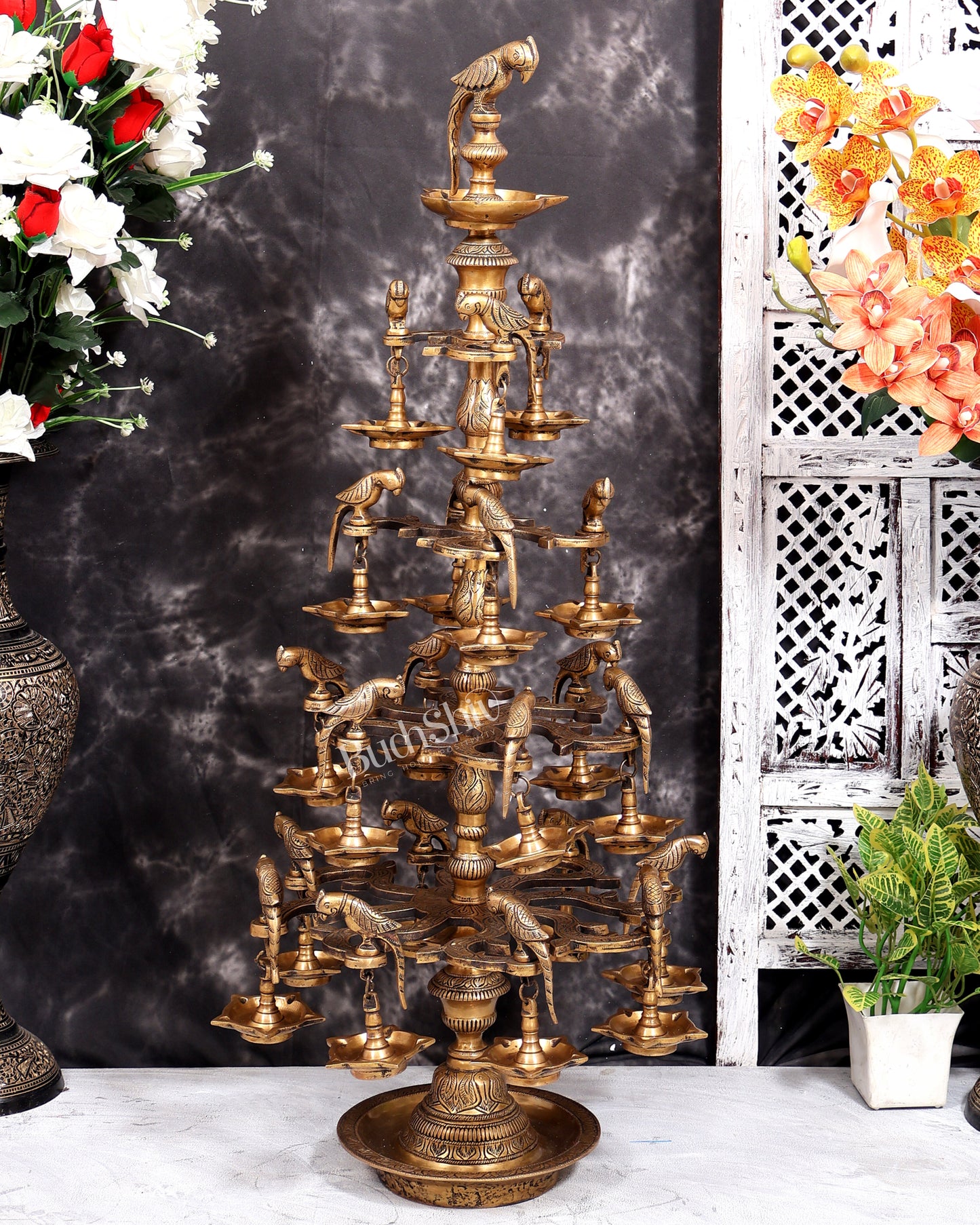 Brass Multi-Layer Parrot Lamp — 108 Diyas, 22 Parrots (Antique Tone) 38 inch