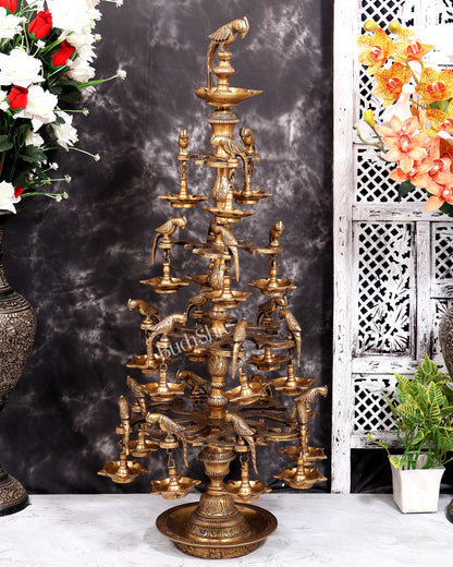 Brass Multi-Layer Parrot Lamp — 108 Diyas, 22 Parrots (Antique Tone) 38 inch