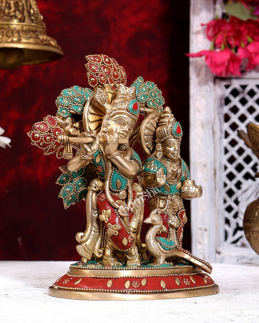 Pure Brass Superfine Radha Krishna Standing Under Kalpavriksha Statue 8 inch with Stonework