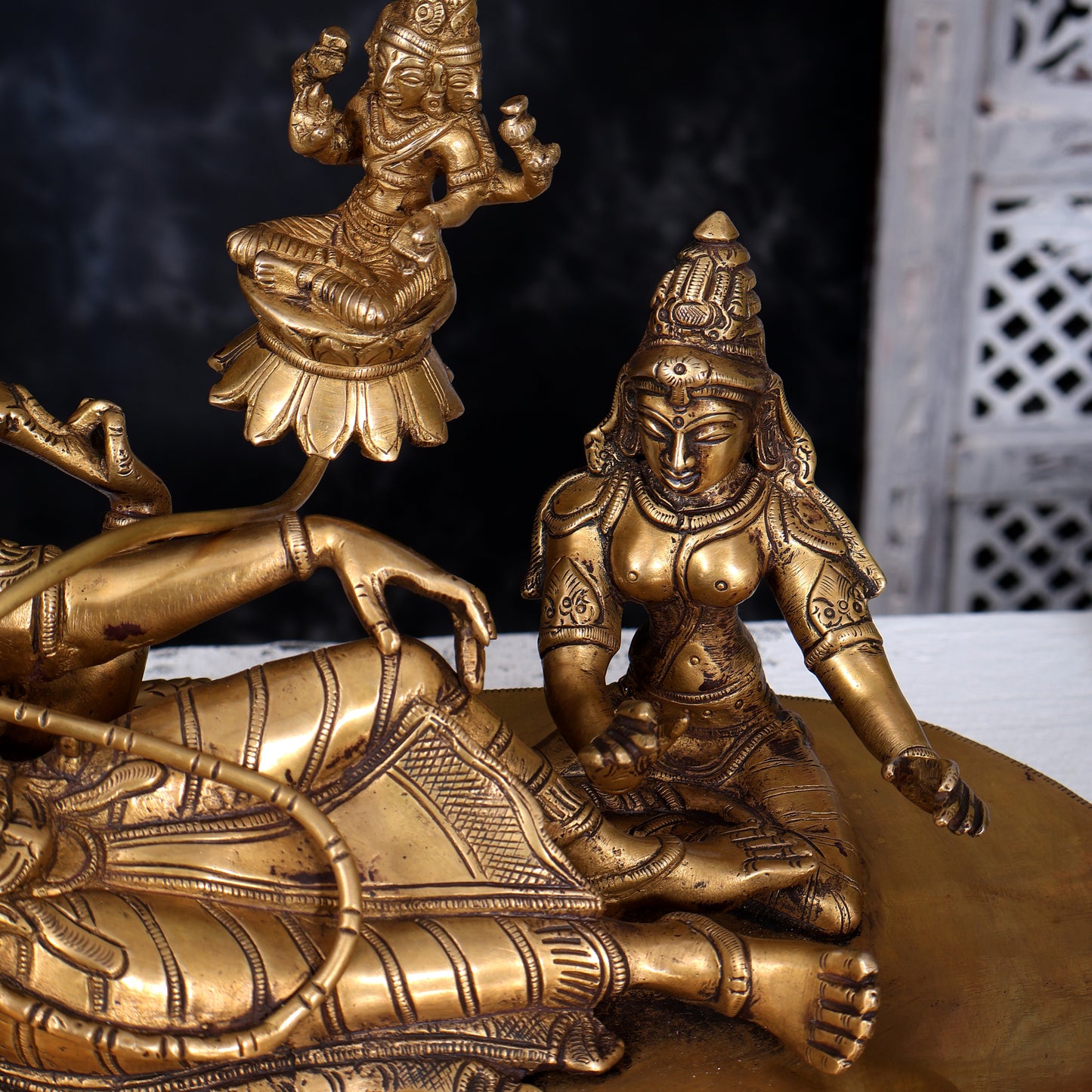 Brass Ananta Shayana Vishnu on Sheshanaag with Bhudevi, Sridevi & Brahma 15.5 inch wide