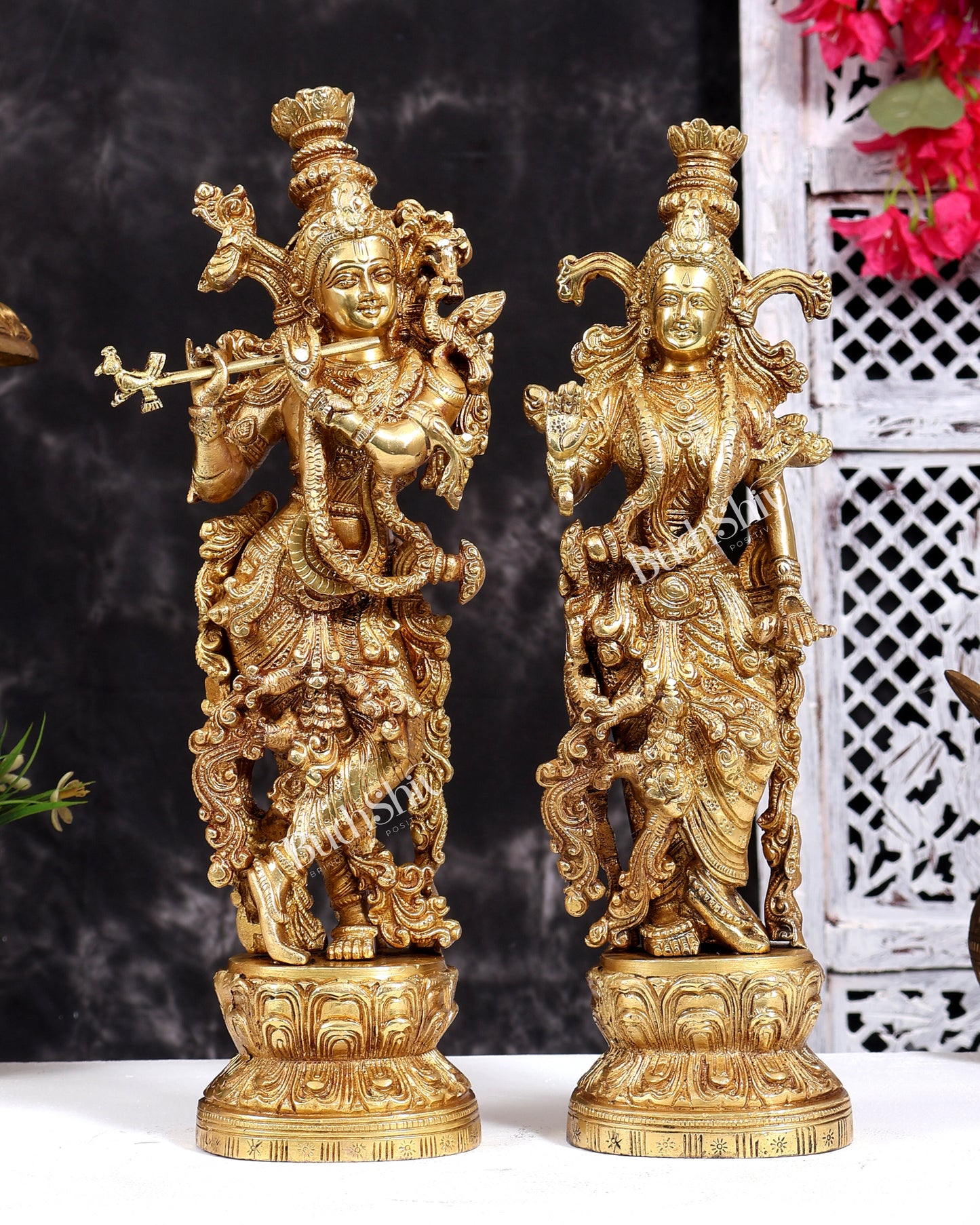 Brass Radha Krishna Statues 14 inch Natural brass gold
