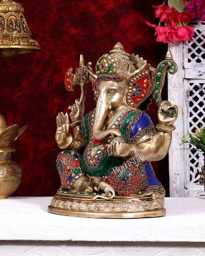 Brass Ganesha Statue with meenakari Stonework - 12 inch