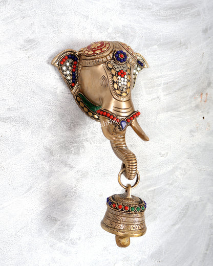 Brass elephant face with bell wall hanging multicolour
