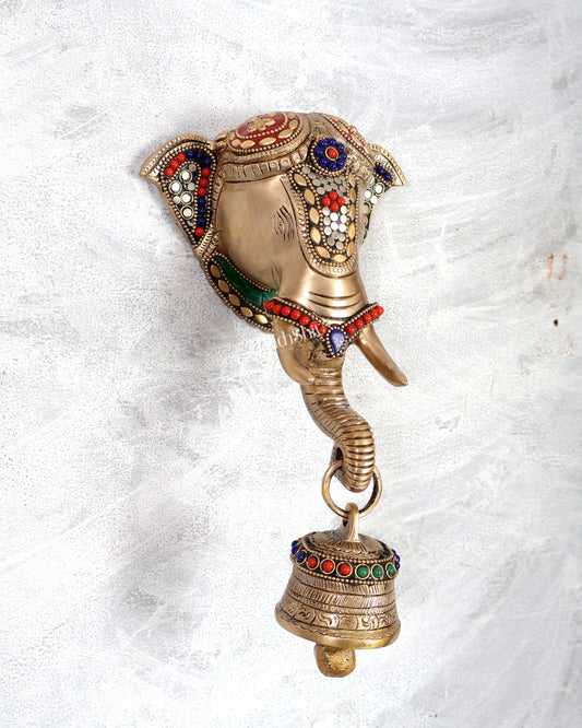 Brass elephant face with bell wall hanging multicolour