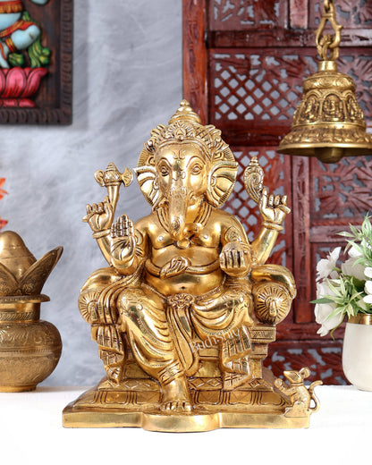 Brass Raja Ganesha on Throne Idol – Royal Handcrafted Lord Ganesha Sculpture (12 Inches)