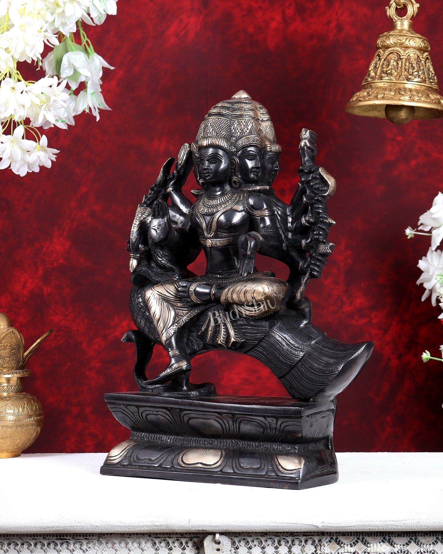 Pure Brass Large Aarumugam Murugan Sitting on a Peacock – Kartikeya Swamy Idol 16" black finish
