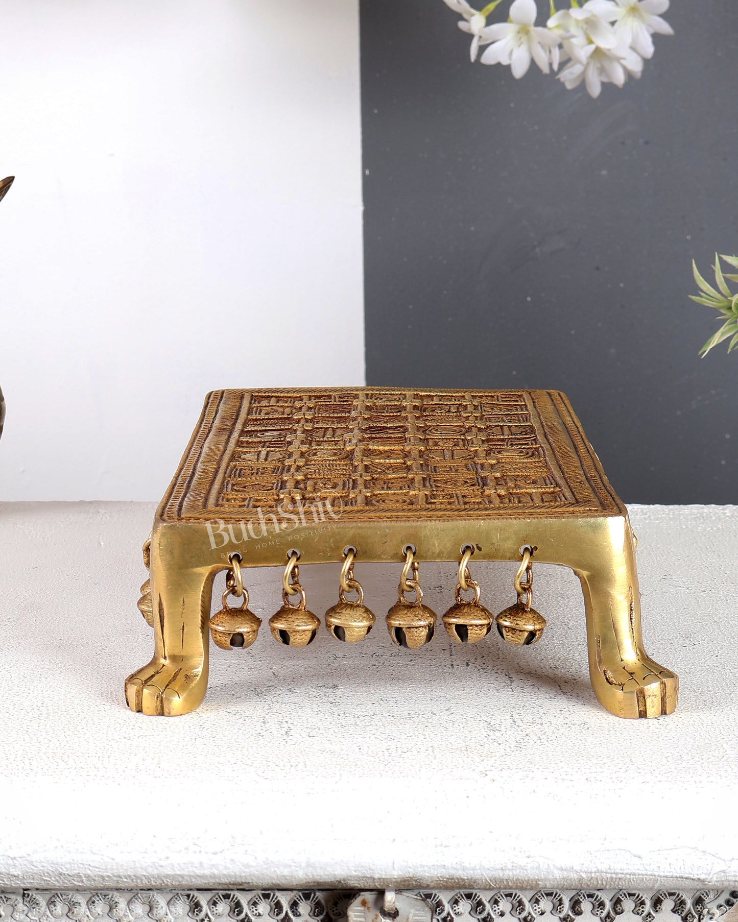 Brass Rectangular Pooja Chowki with Holy Hindu Symbols, Ghungroos & Lion Legs – Auspicious Handcrafted Altar Platform 11.5 inch