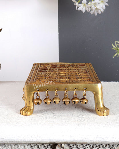 Brass Rectangular Pooja Chowki with Holy Hindu Symbols, Ghungroos & Lion Legs – Auspicious Handcrafted Altar Platform 11.5 inch