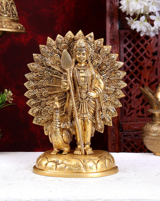Brass Lord Murugan with Open-Wing Peacock Statue – Handcrafted Divine Idol 9.5 inch