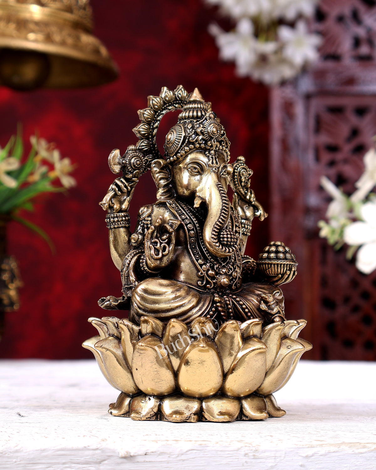 Brass Superfine Ganesha Idol Cross-Legged on Lotus Base 5 inch