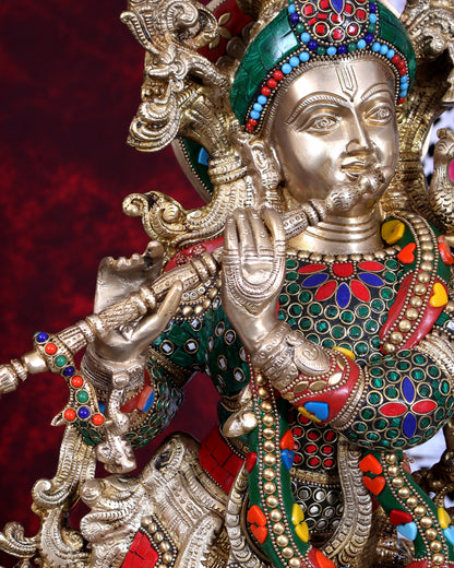Pure Brass Lord Krishna with Cow with stonework 29 inch