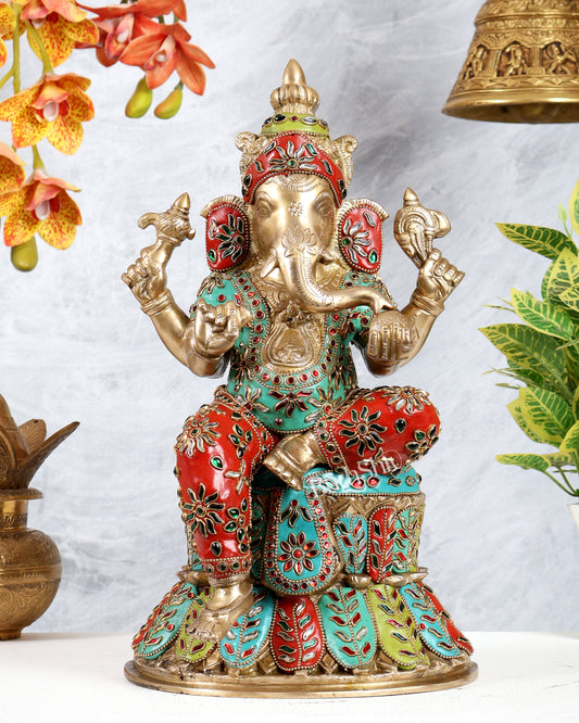 Handcrafted Brass Lord Ganesha Statue - 15" with meenakari
