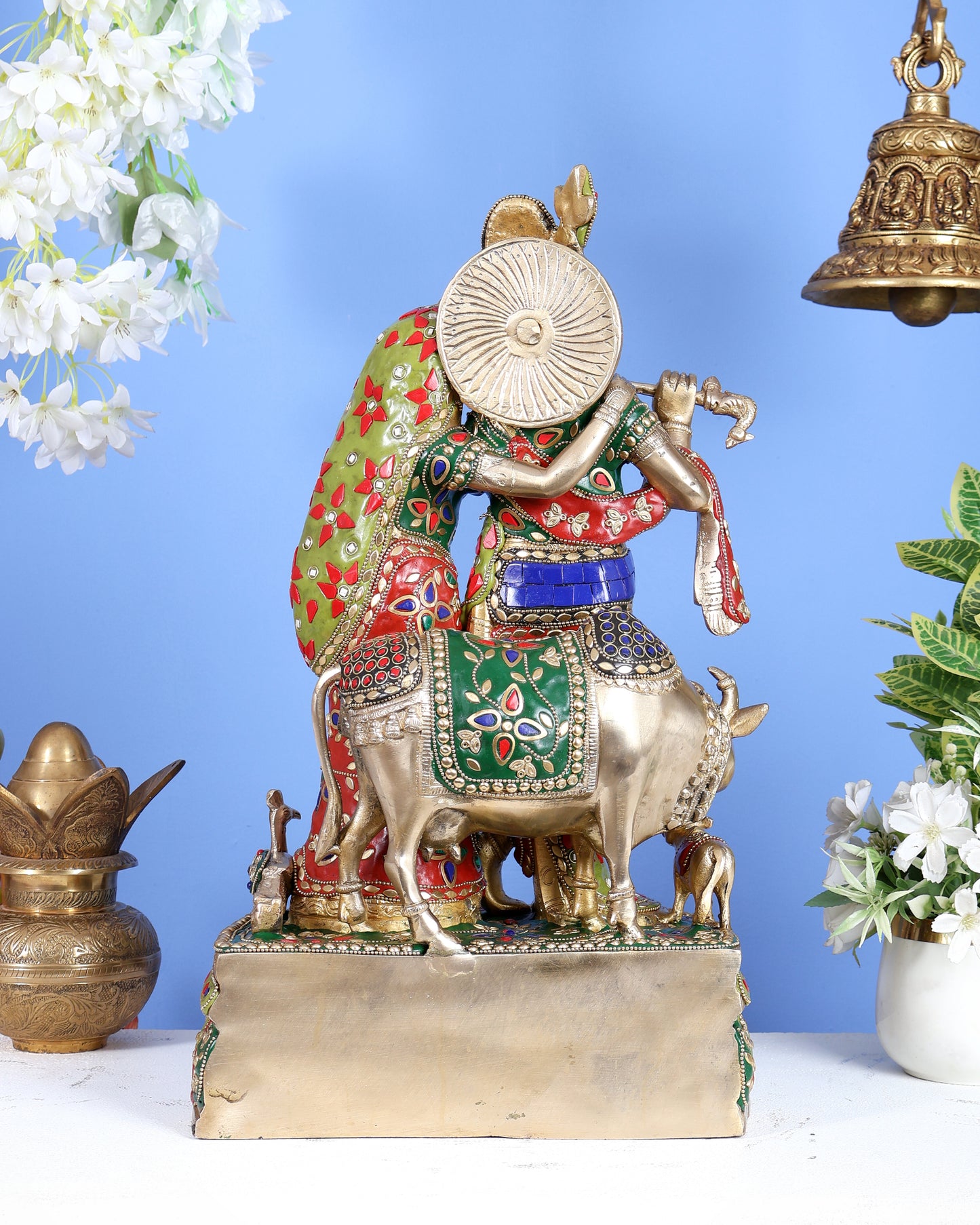 Brass Radha Krishna with Cow and calf 18 inch meenakari