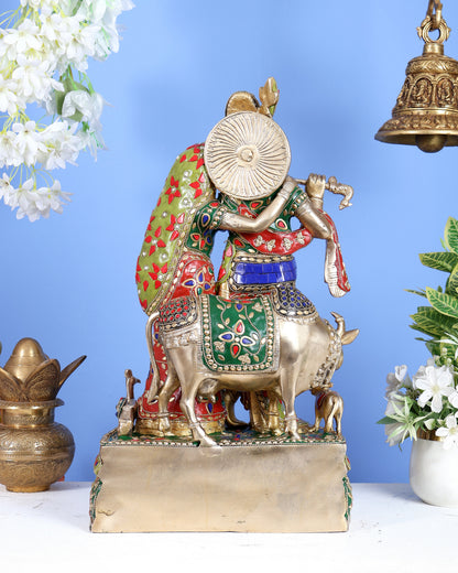 Brass Radha Krishna with Cow and calf 18 inch meenakari