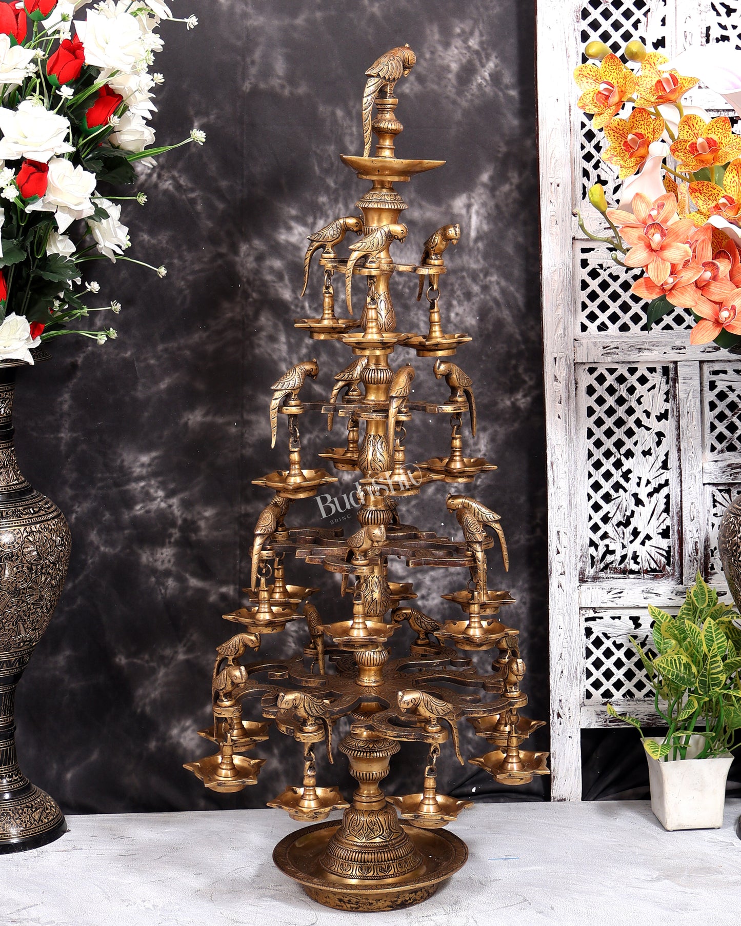 Brass Multi-Layer Parrot Lamp — 108 Diyas, 22 Parrots (Antique Tone) 38 inch
