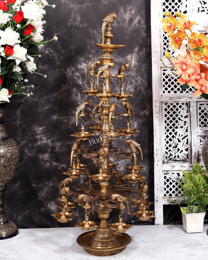 Brass Multi-Layer Parrot Lamp — 108 Diyas, 22 Parrots (Antique Tone) 38 inch