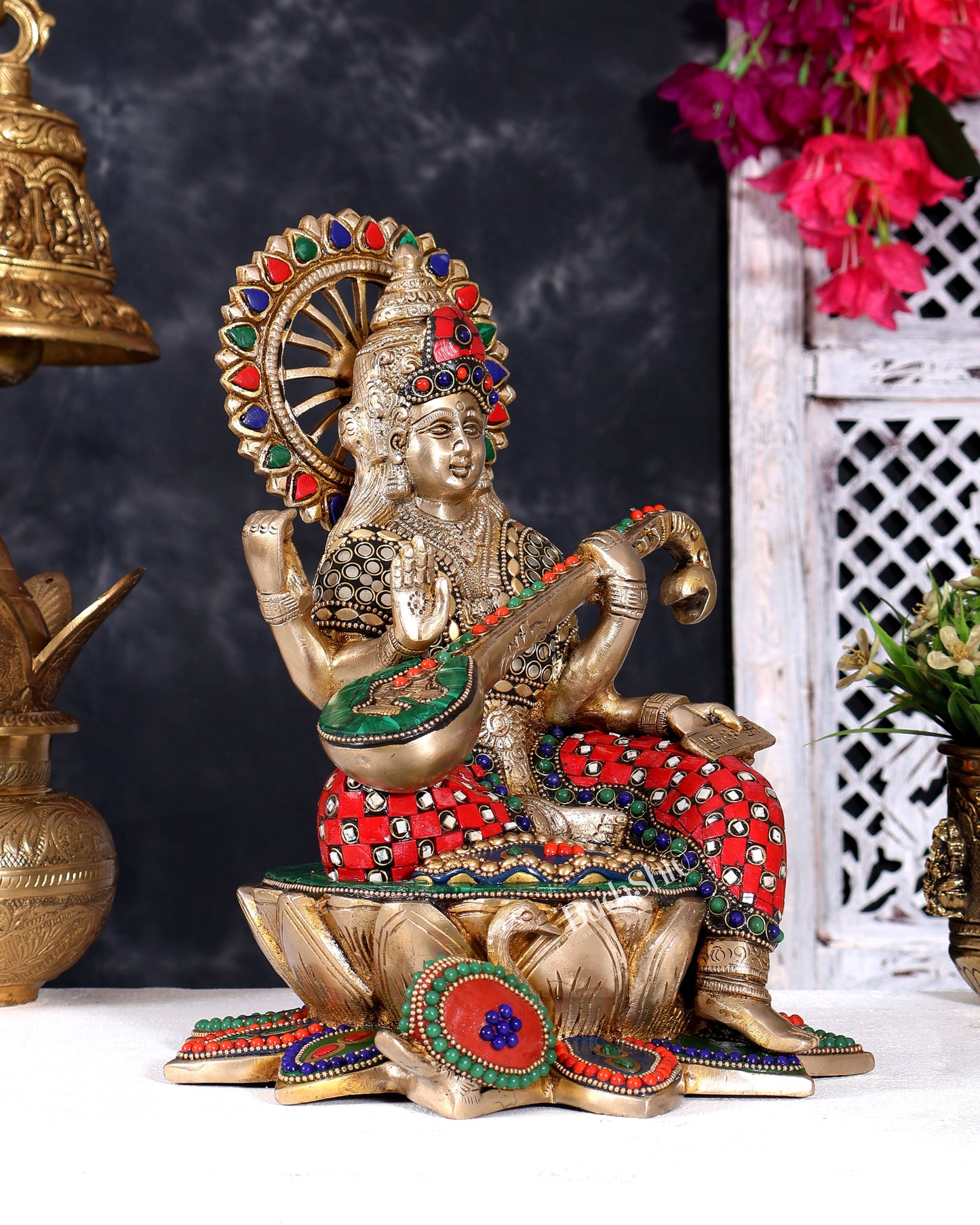 Brass Goddess Saraswati Sitting on Lotus with Swan | 11 Inch with meenakari Stonework