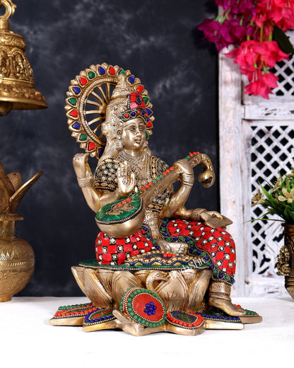 Brass Goddess Saraswati Sitting on Lotus with Swan | 11 Inch with meenakari Stonework