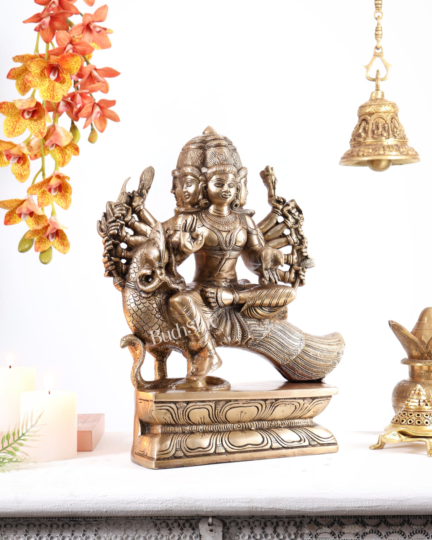 Pure Brass Large Aarumugam Murugan Sitting on a Peacock – Kartikeya Swamy Idol 16"