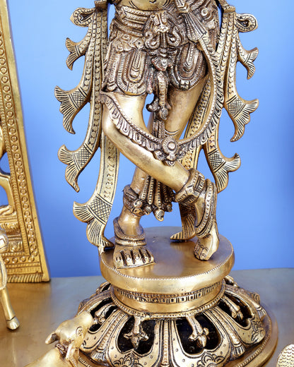 Premium Brass Lord Krishna with Cow, Calf, Sheshanaag, Sudama & Kirtimukha Prabhavali – Grand Venugopala Sculpture (36.5 Inches)