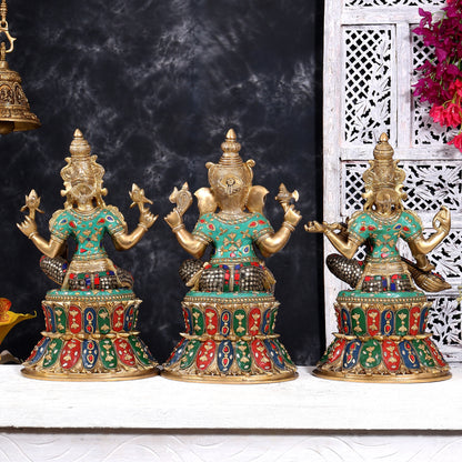 Brass Ganesha, Lakshmi, and Saraswati Idols on Lotus Base 15 inch with shringar and meenakari