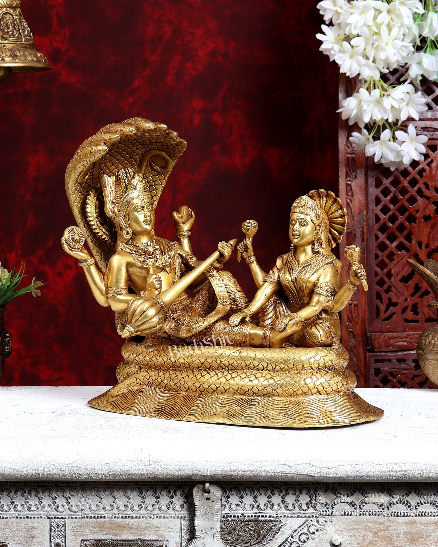 Brass Lakshmi Narayan Under Sheshnaag Statue – Auspicious Divine Idol 12 inch