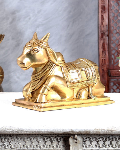 Brass Nandi with Om & Swastik Carvings – Intricately Handcrafted Sacred Bull Sculpture 8 inch