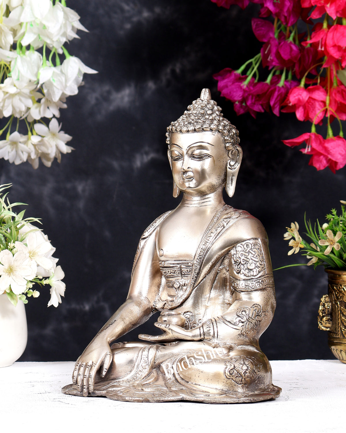 Brass Buddha Idol with Abhaya Mudra - 10 Inch silver plated